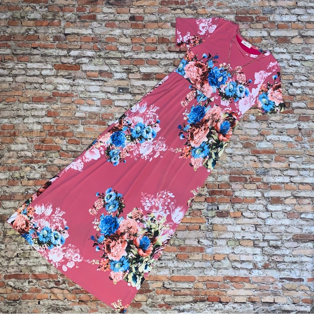 Pink floral short sleeve maxi dress